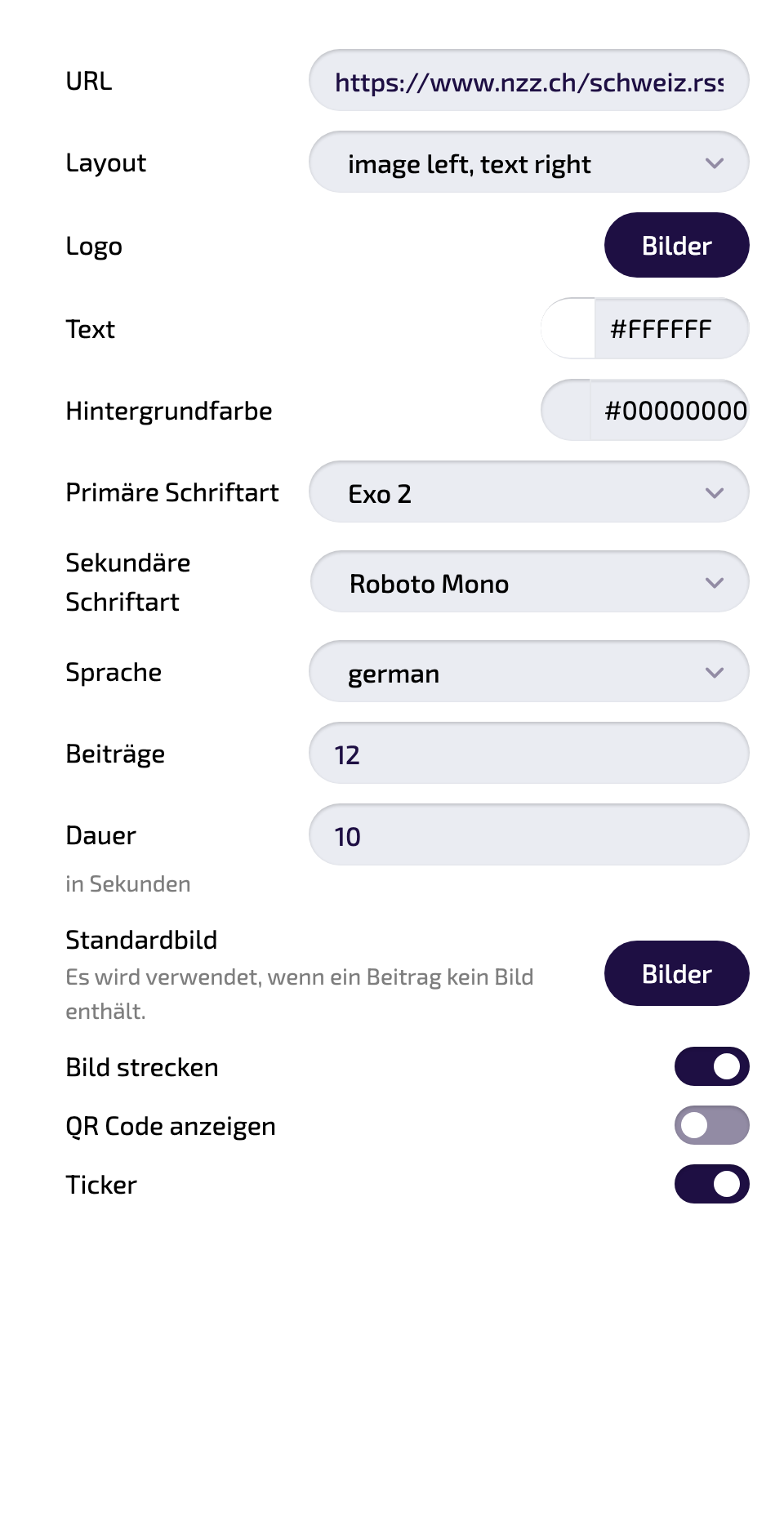 Alle Einstellungen der Instanz im Überblick (Einstellungs-Panel).