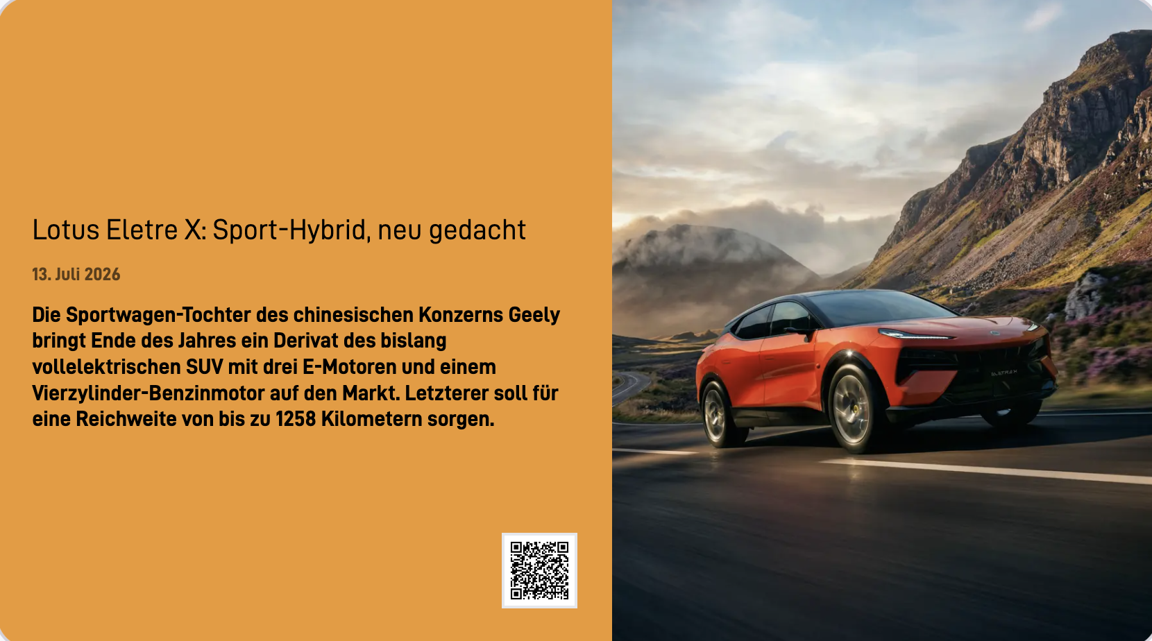 RSS-Beitrag auf dem Screen: Titel, Datum, Anriss und QR-Code, dazu das Beitragsbild.