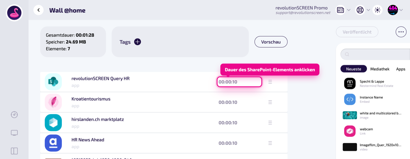 In der Playlist „Wall @home" auf die Dauer des SharePoint-Elements klicken.
