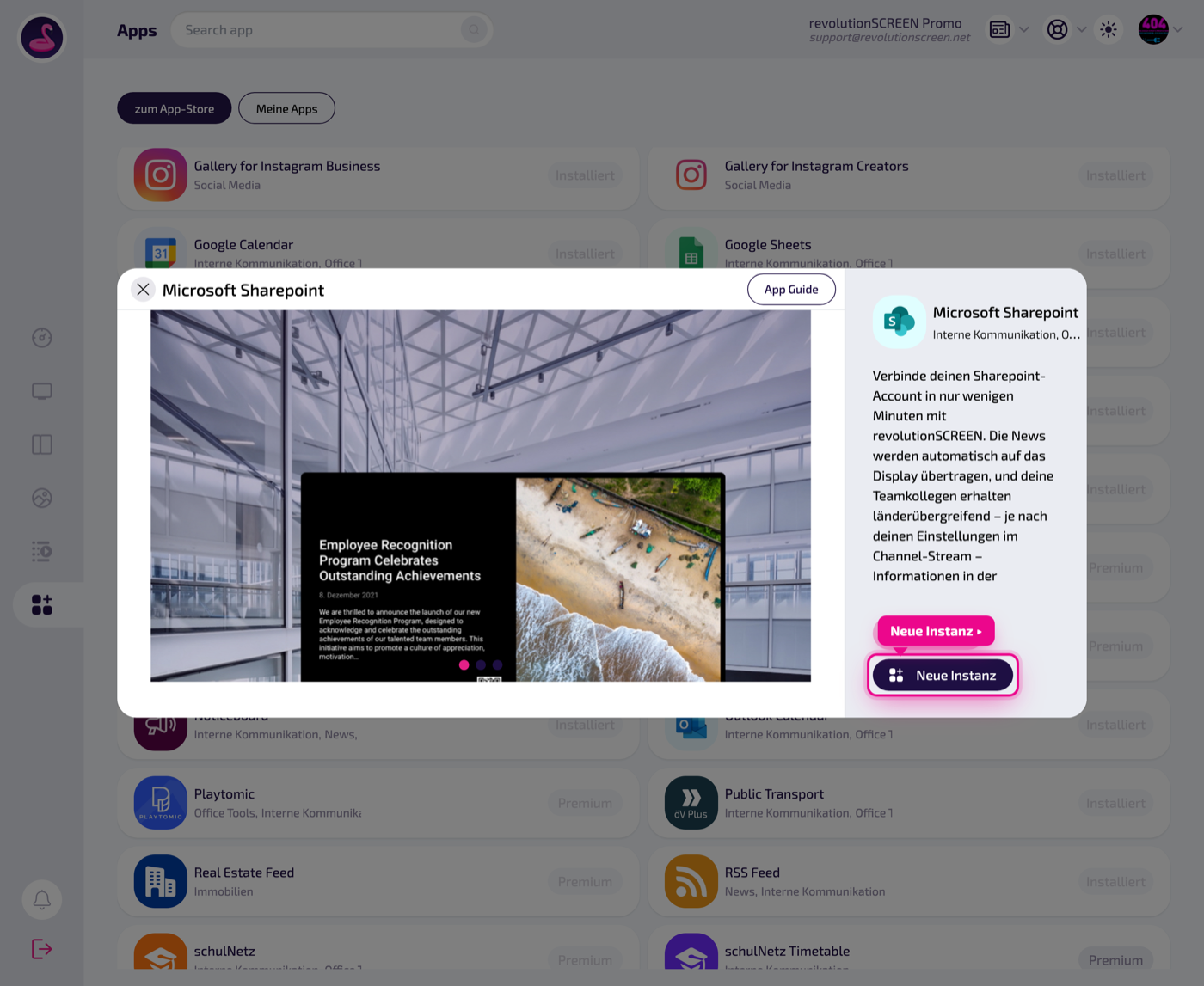 Detailseite der App – mit „Neue Instanz" eine Ausspielung anlegen.