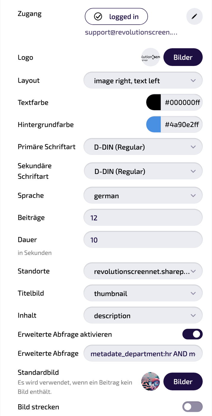 Alle Einstellungen der Instanz im Überblick (Einstellungs-Panel).