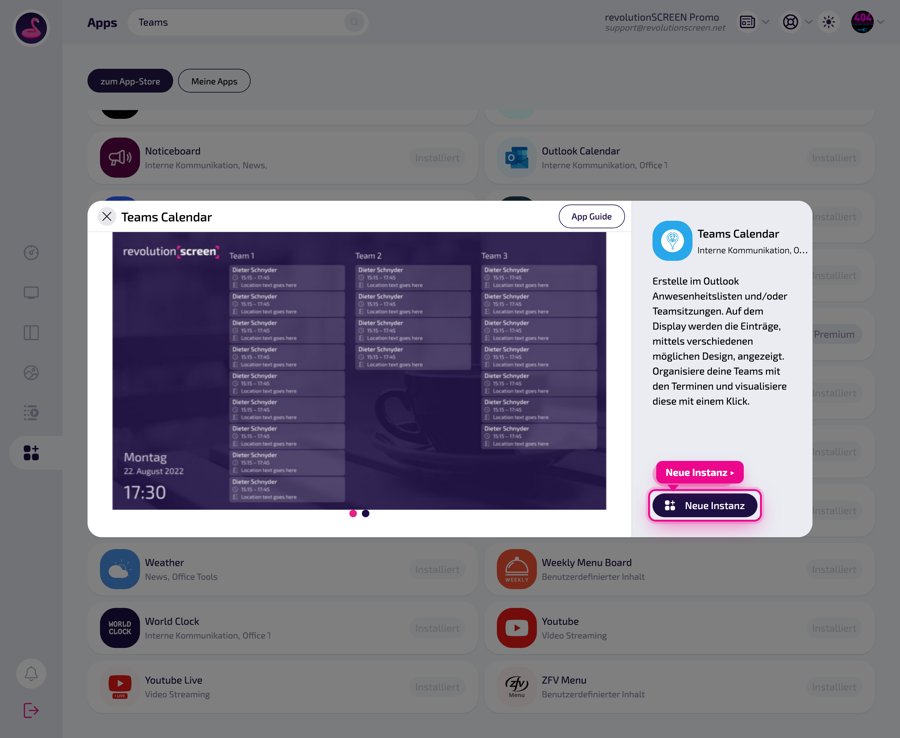 Pagina di dettaglio dell'app – con „Neue Instanz" crei una diffusione.