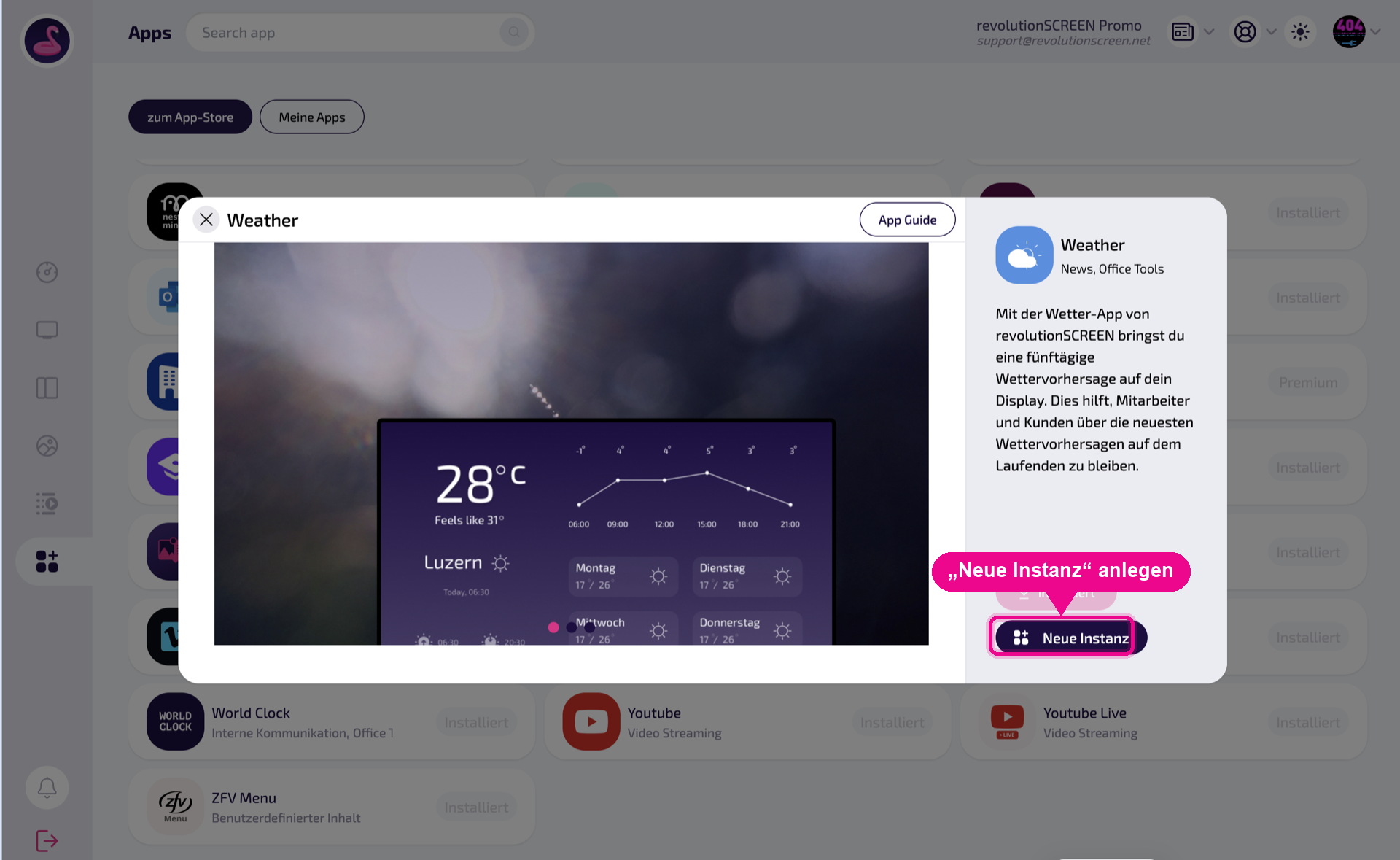 Detailseite der App – mit „Neue Instanz“ eine Ausspielung anlegen.