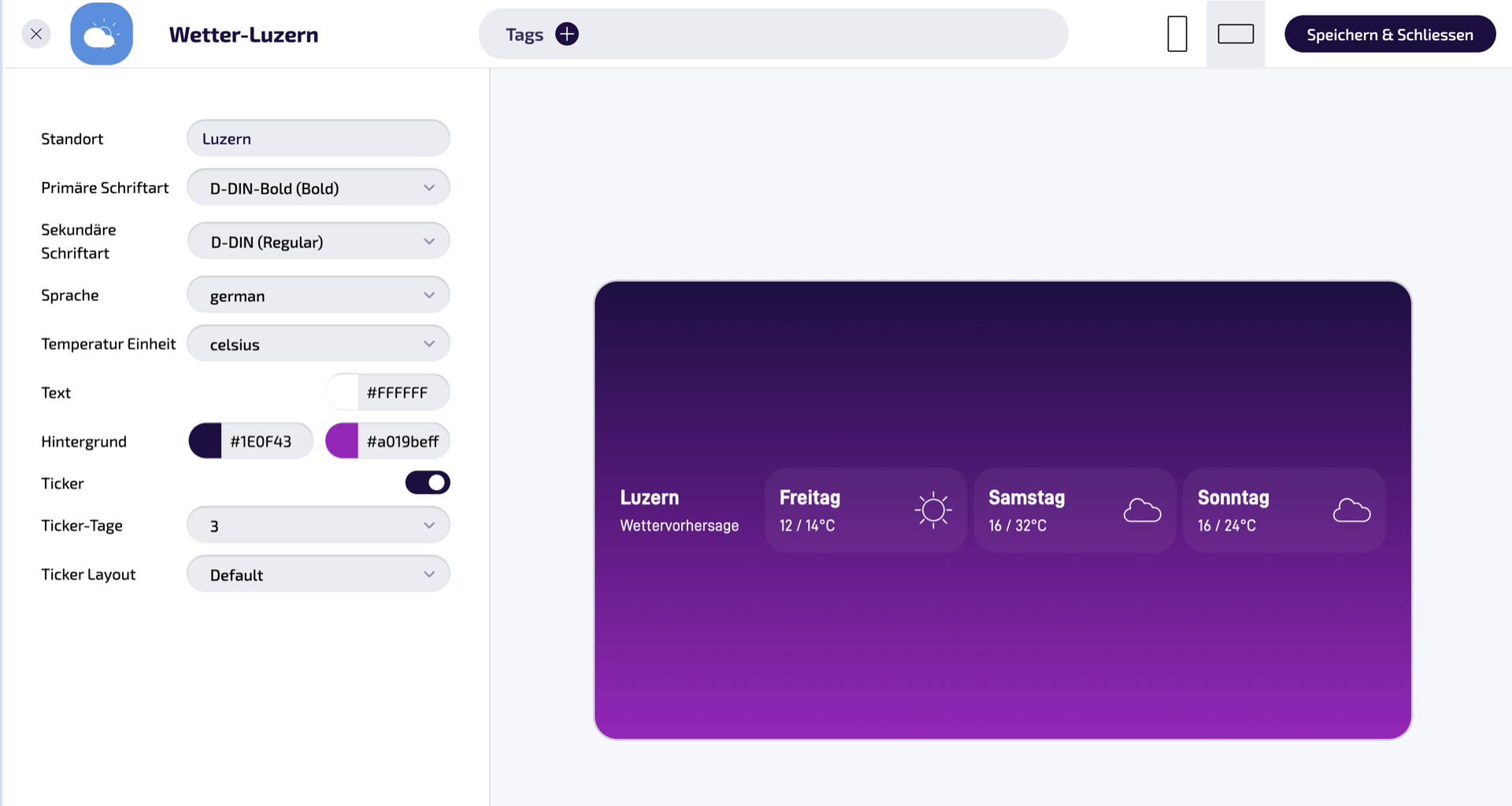 Ticker-Variante: Schalter „Ticker“ aktiv, dazu „Ticker-Tage“ und „Ticker Layout“.