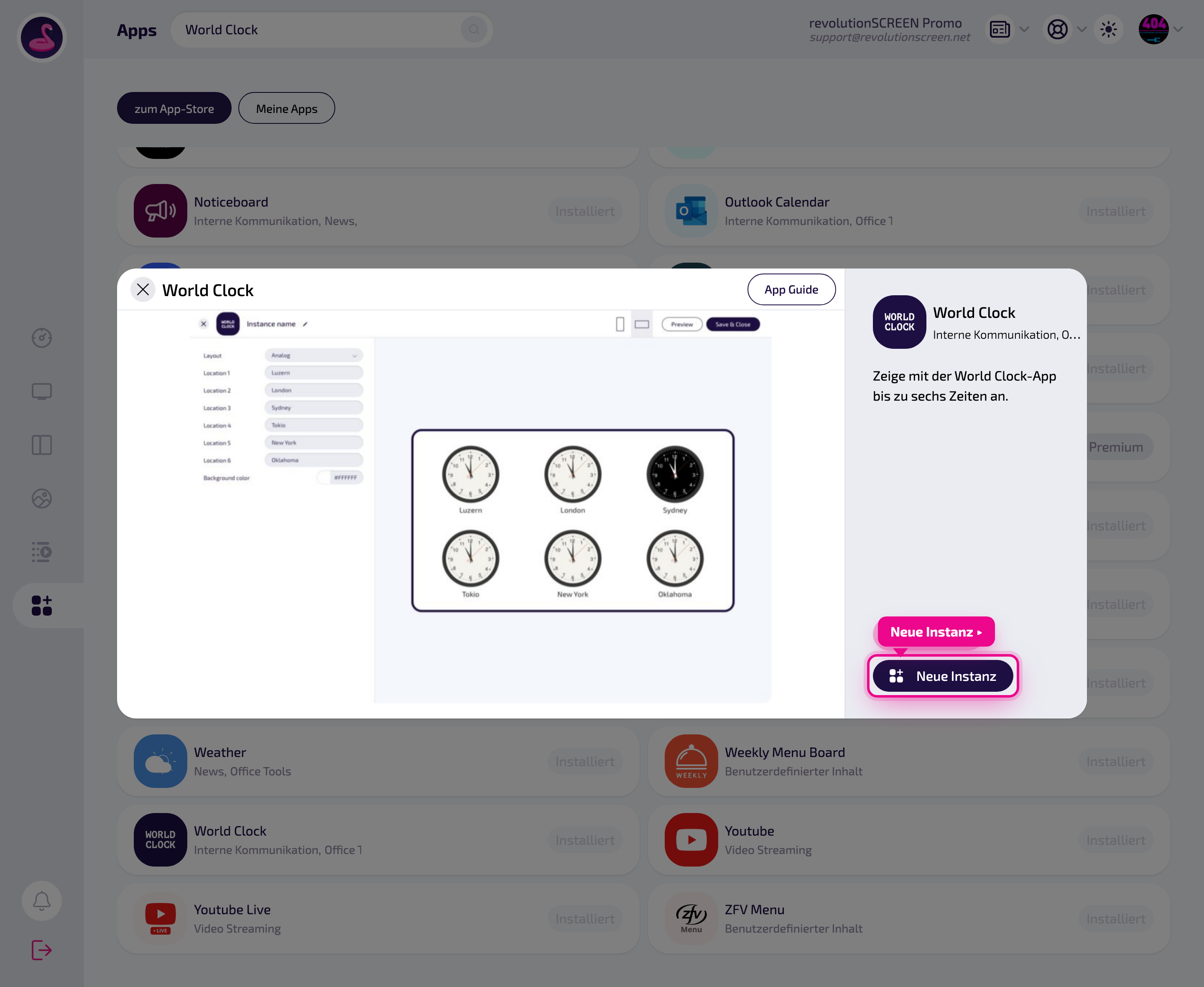 Detailseite der App – mit „Neue Instanz" eine Ausspielung anlegen.