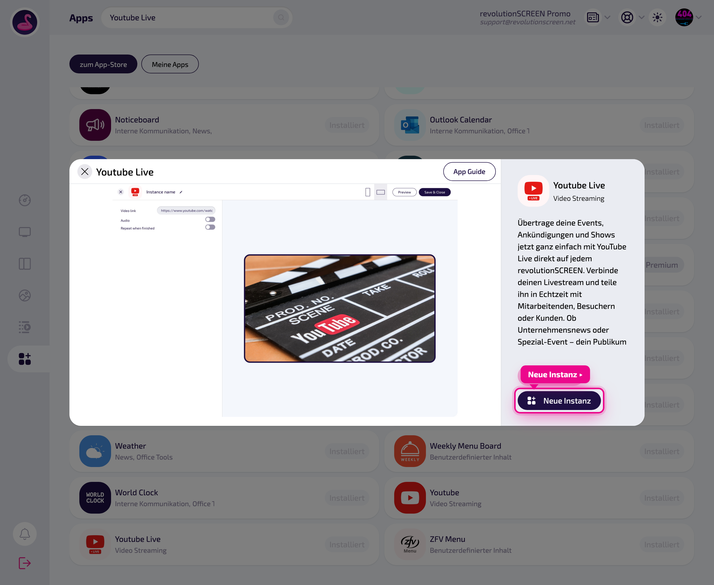 Detailseite der App – mit „Neue Instanz" eine Ausspielung anlegen.