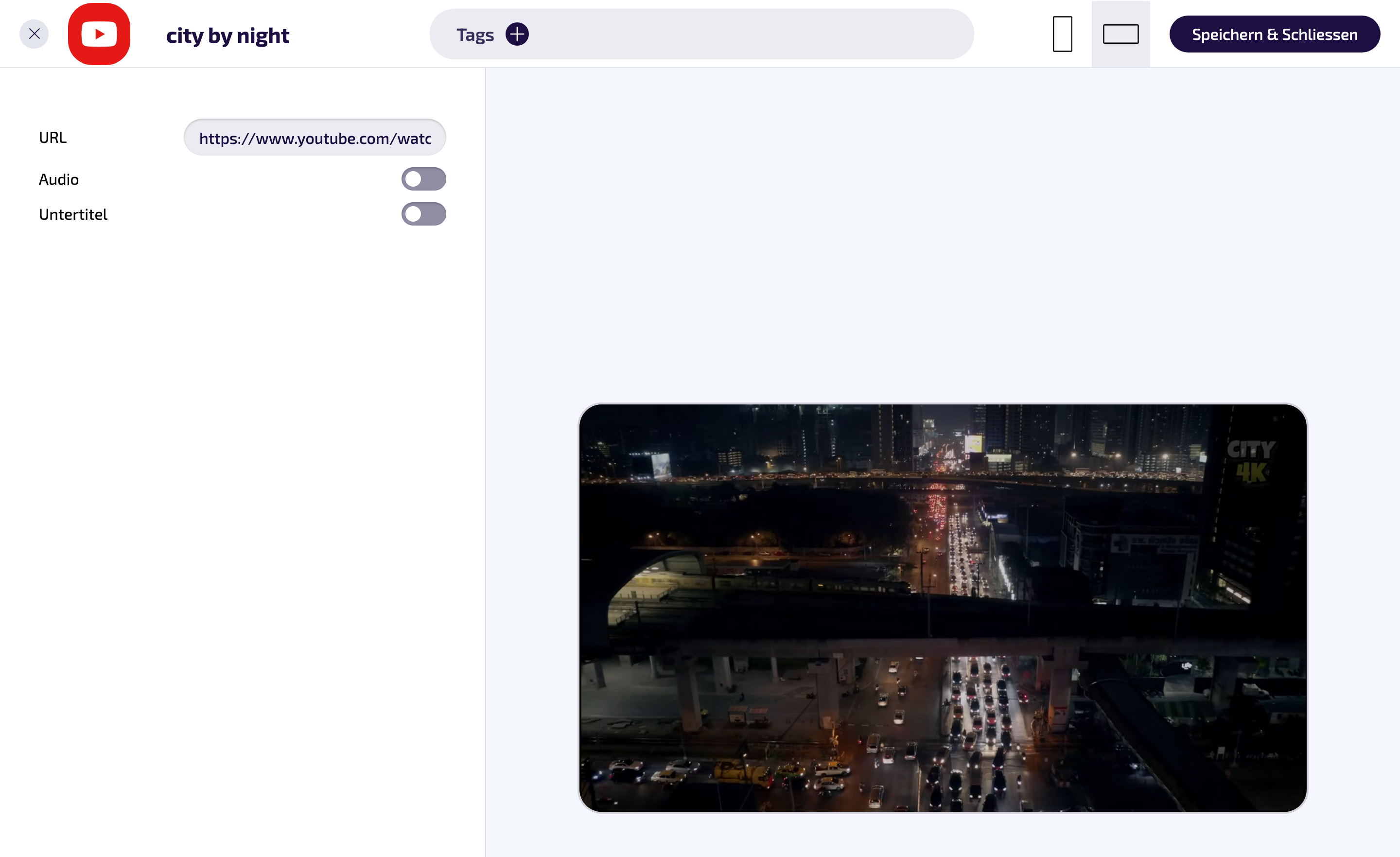 Konfigurierte Instanz: links die Einstellungen, rechts die Live-Vorschau.