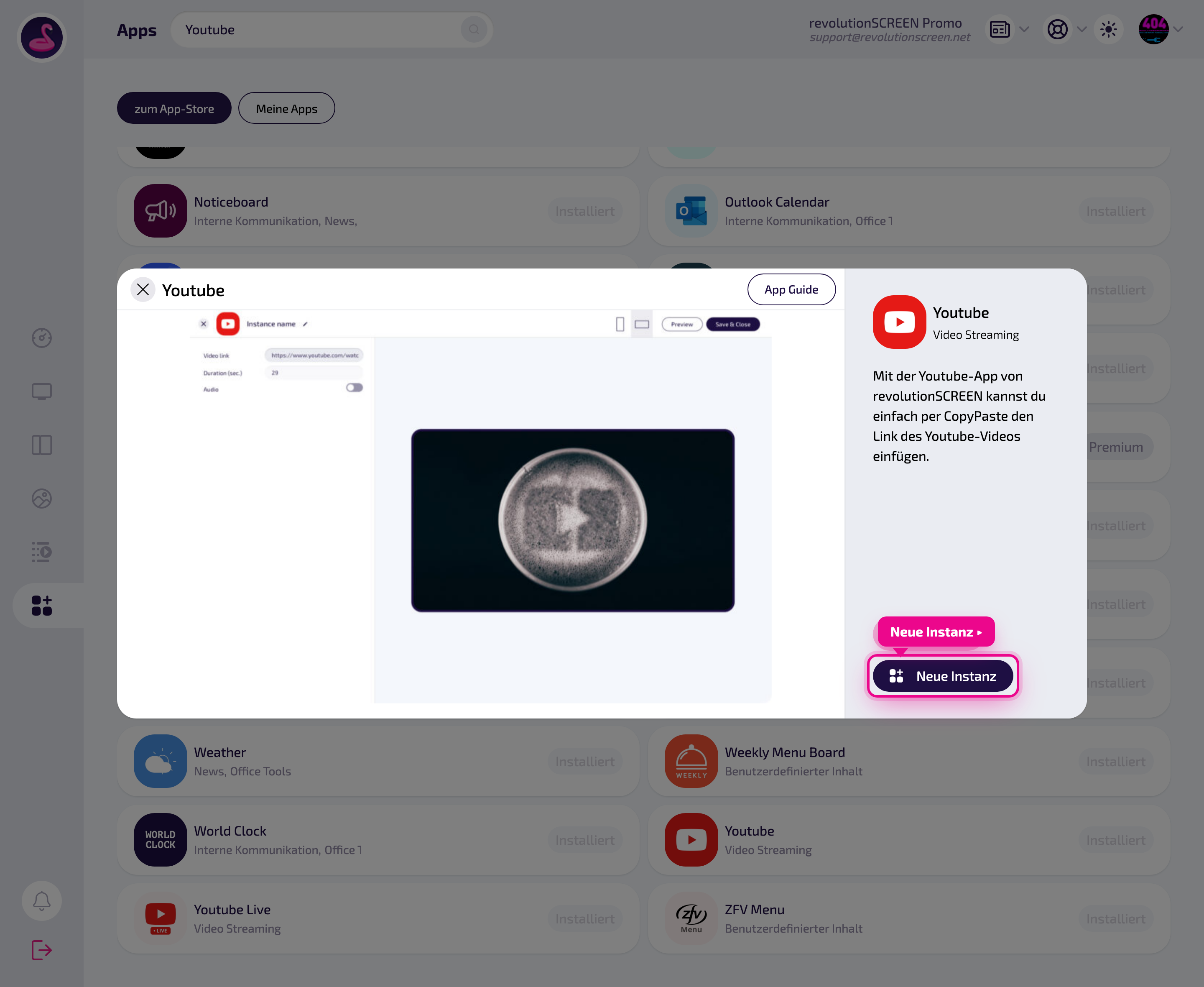 Detailseite der App – mit „Neue Instanz" eine Ausspielung anlegen.