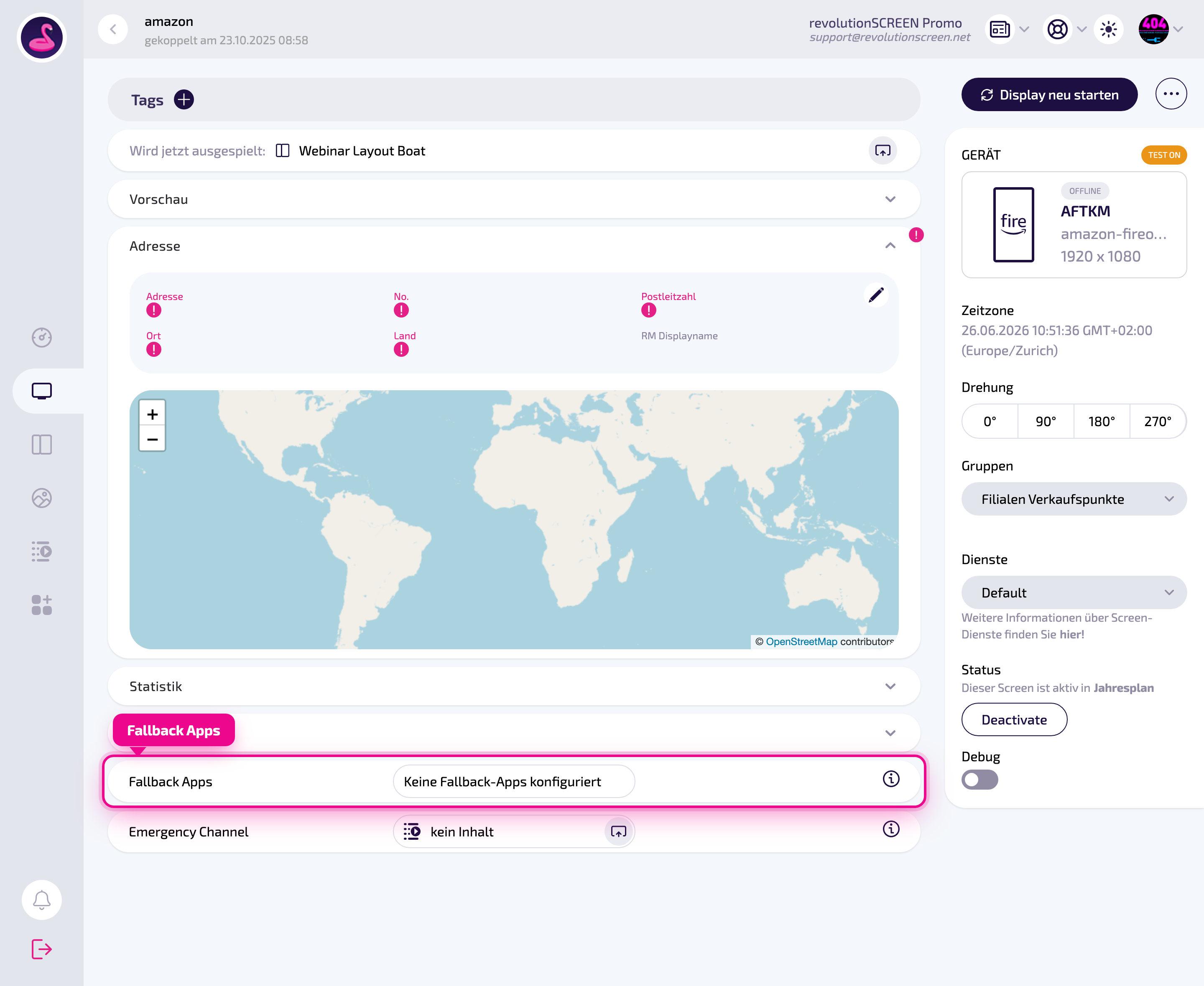 Display-Detailseite: „Fallback Apps“ (magenta markiert) liegt unterhalb von Statistik und Report, direkt über dem Emergency Channel.