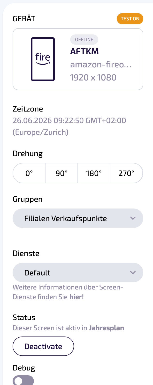 Rechte Spalte der Display-Detailseite: Gerät, Zeitzone, Drehung, Gruppen, Dienste und Status