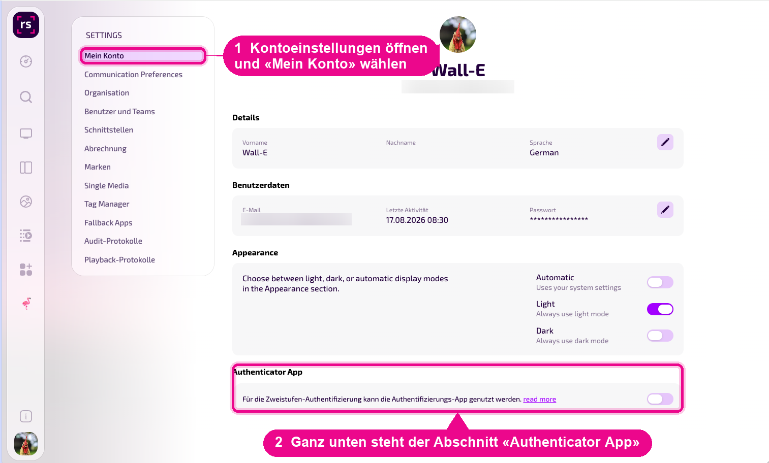 Kontoeinstellungen › Mein Konto con la sezione «Authenticator App»