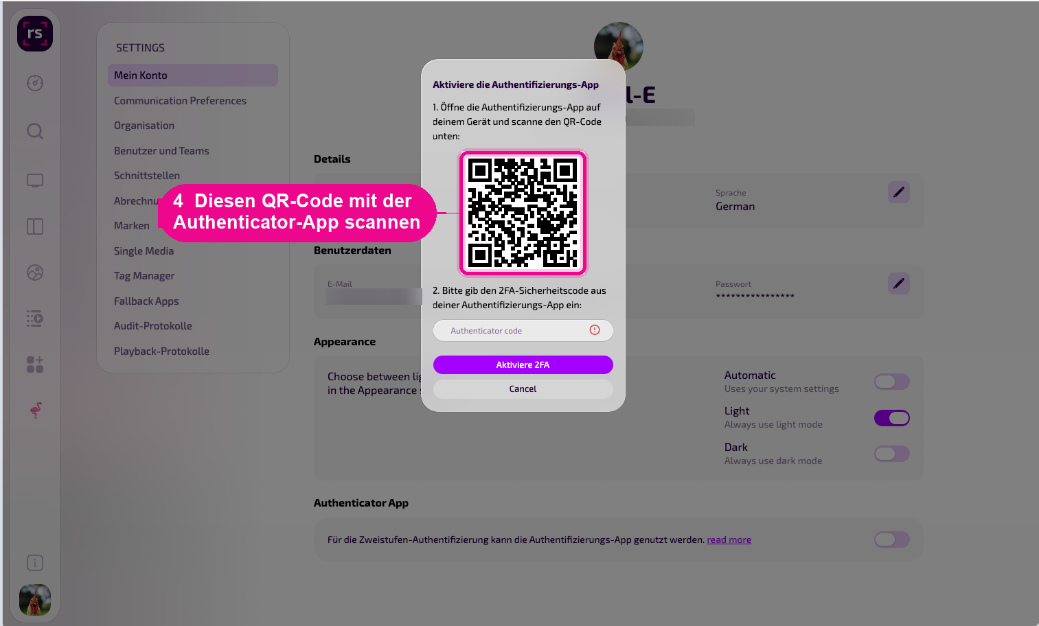 Il QR-Code nella finestra «Aktiviere die Authentifizierungs-App»