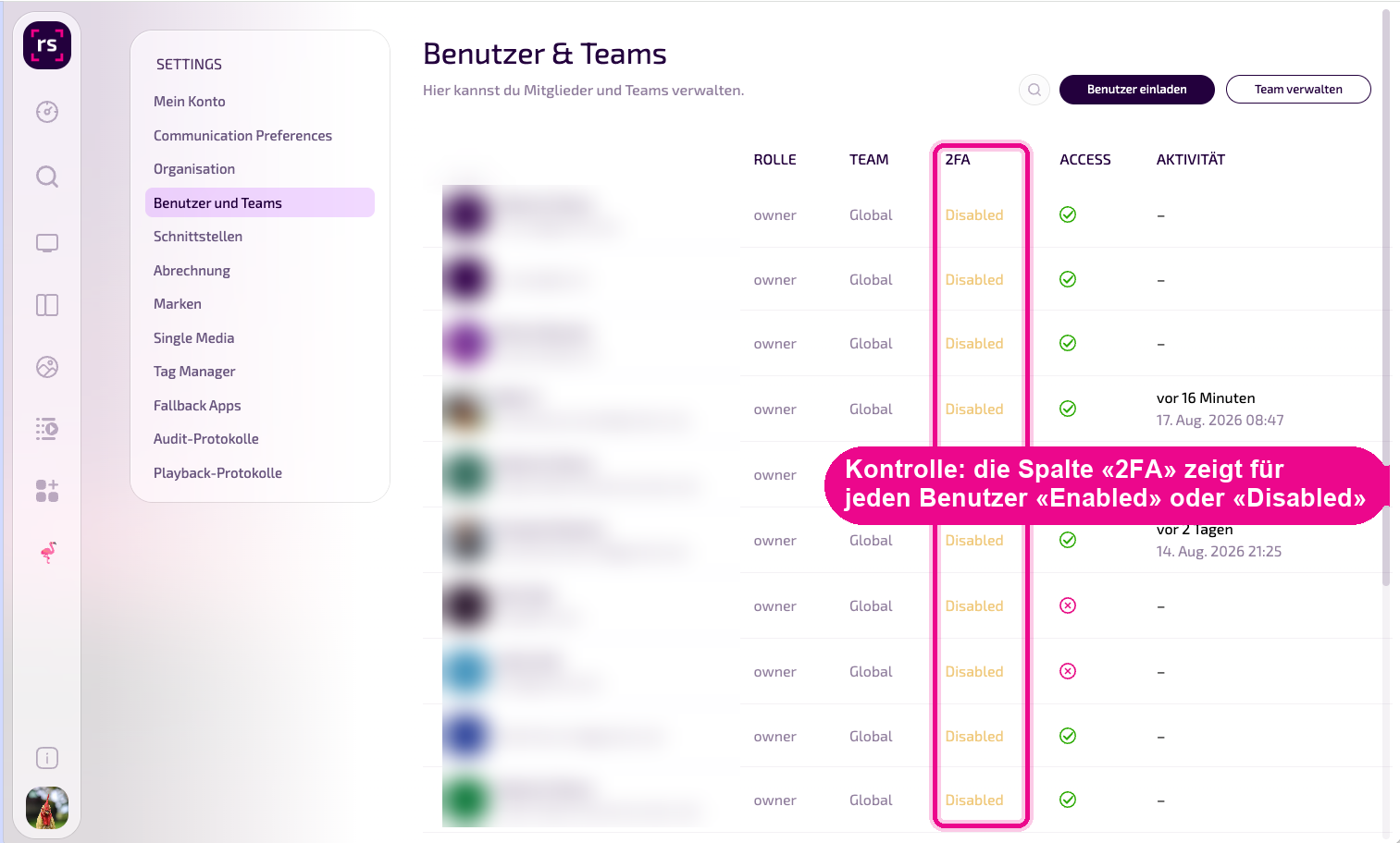 Benutzer & Teams: la colonna «2FA» mostra lo stato per ogni utente