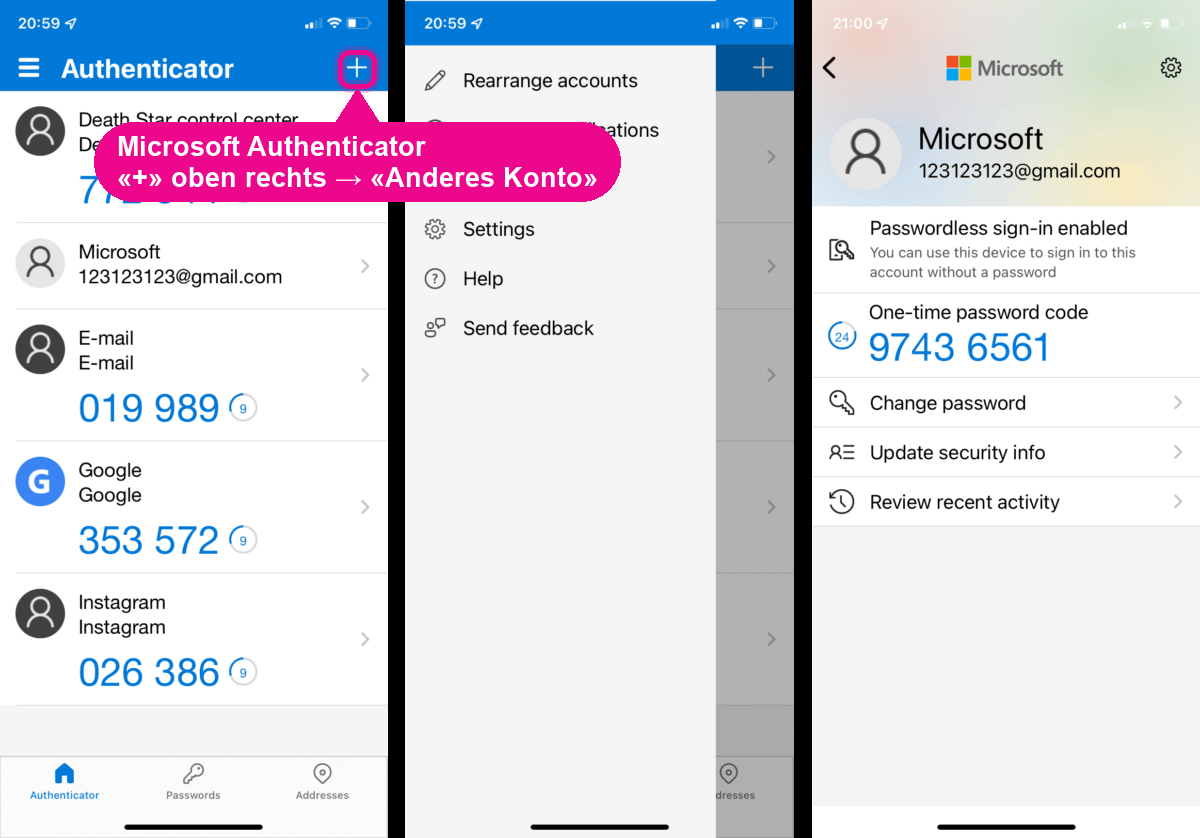 Microsoft Authenticator: aggiungi un nuovo account tramite il «+»