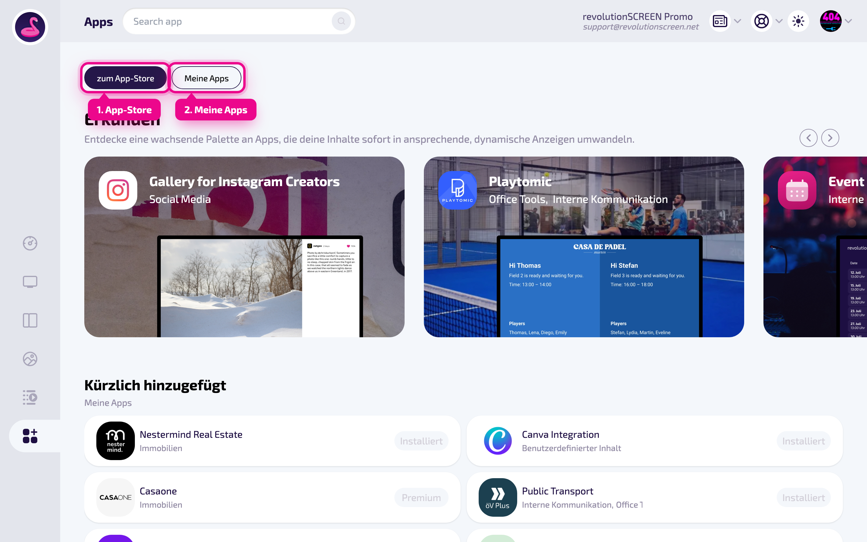 Der App-Bereich mit den Ansichten „zum App-Store" und „Meine Apps"