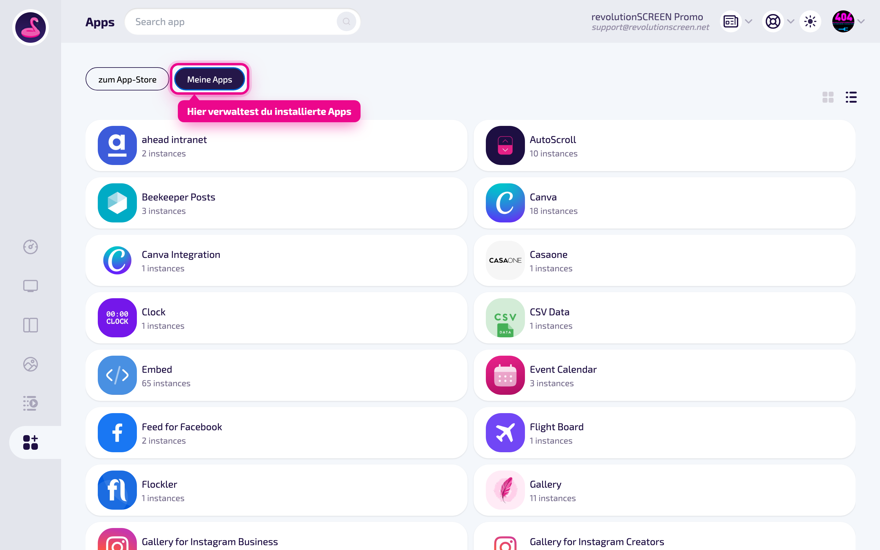 Unter „Meine Apps" verwaltest du installierte Apps und ihre Instanzen