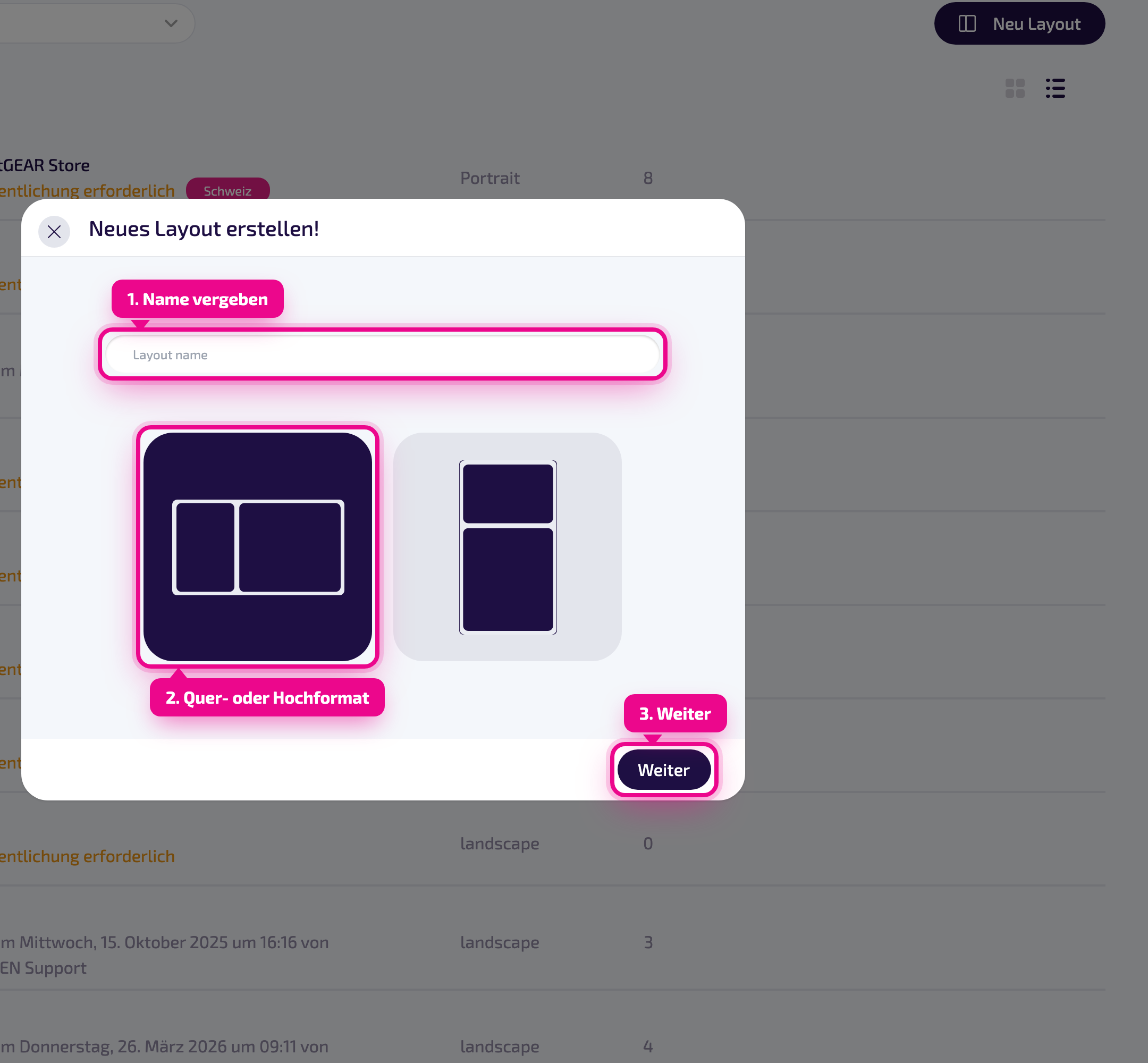 Dialog „Neues Layout erstellen": Name eingeben und Quer- oder Hochformat wählen