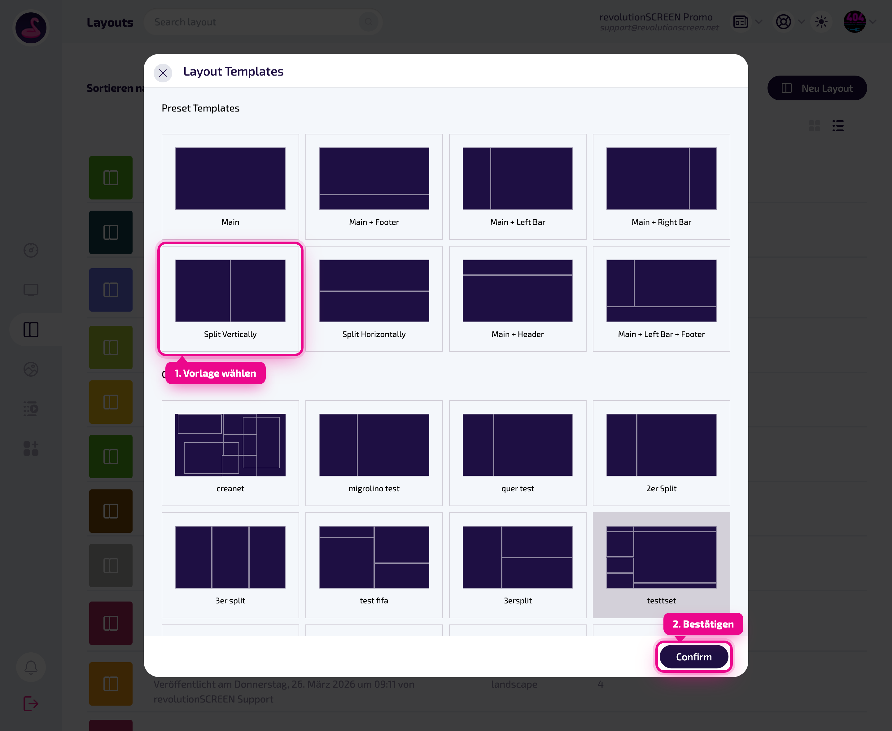 Auswahl der Layout-Vorlage: Preset-Vorlagen und eigene Custom-Vorlagen