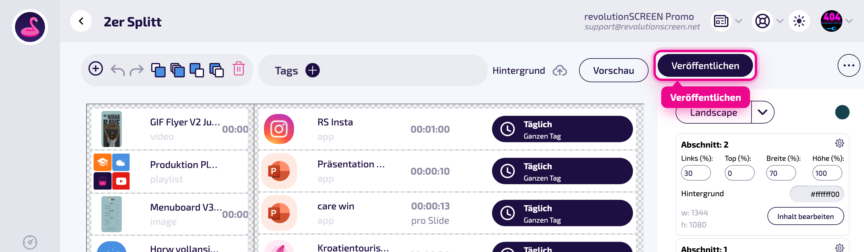 Der Button „Veröffentlichen" macht das Layout für die Ausspielung verfügbar