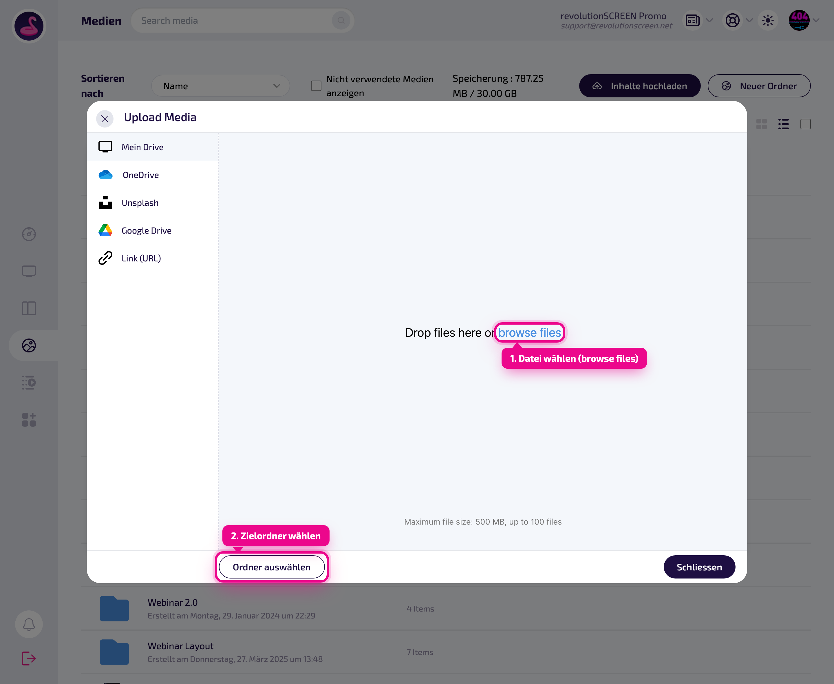 Upload-Dialog: Datei wählen oder per Drag & Drop, Quelle und Zielordner