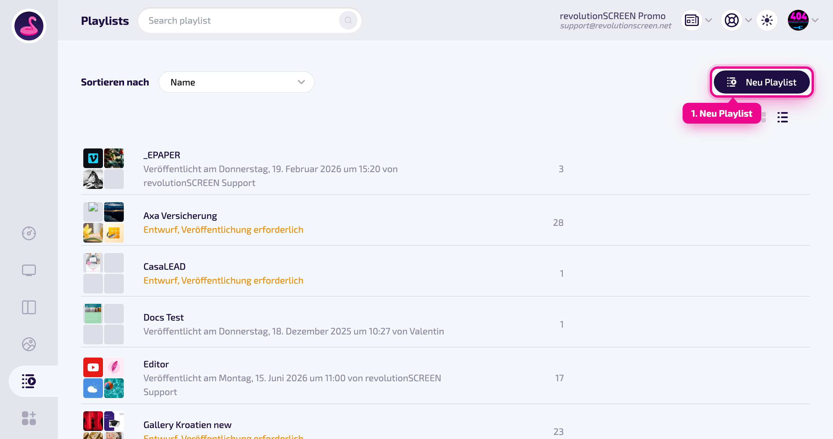 Vue d'ensemble des Playlists avec le bouton « Neu Playlist » (nouvelle Playlist)