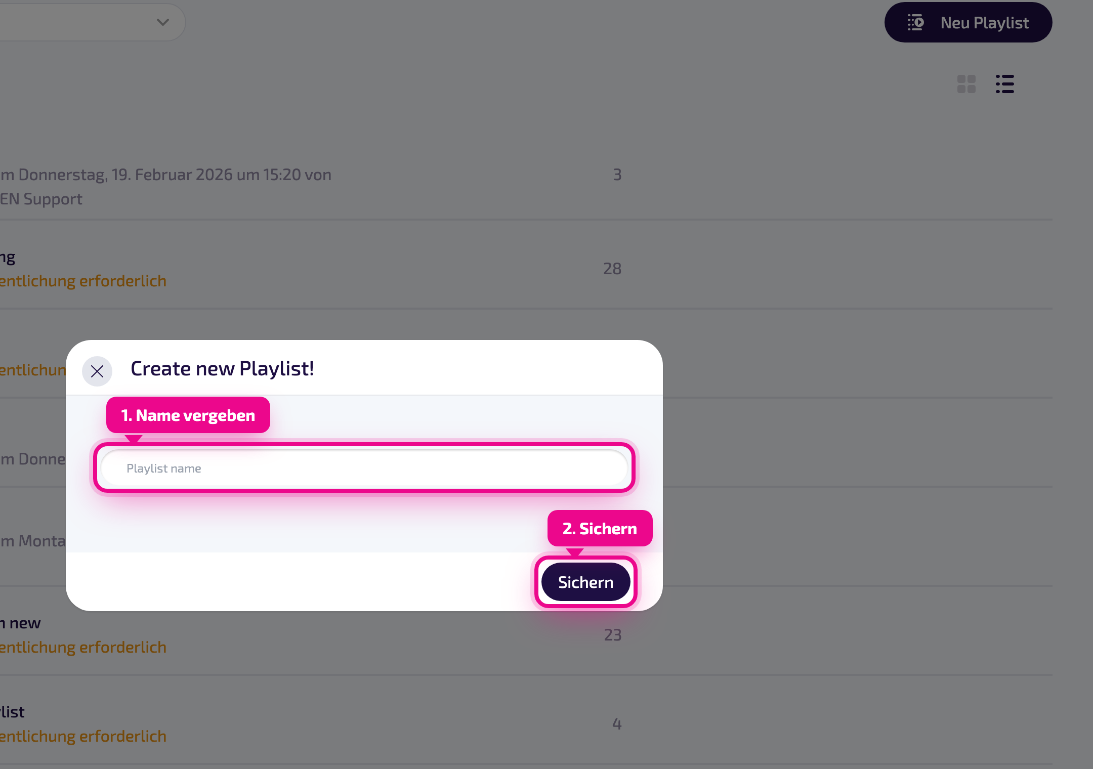 Boîte de dialogue « Create new Playlist » : saisir le nom et enregistrer