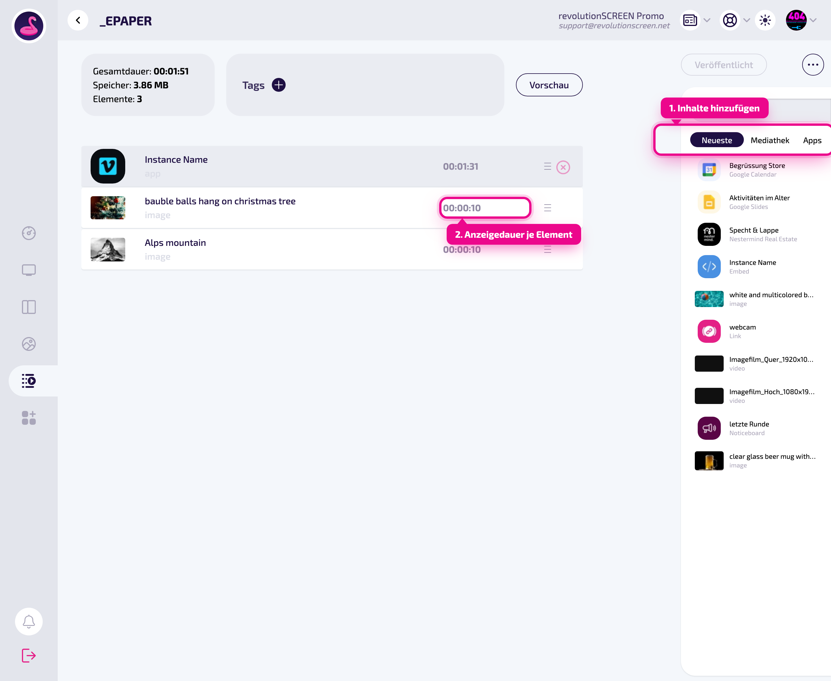 Éditeur de Playlist : à gauche les éléments avec leur durée, à droite la sélection de contenus