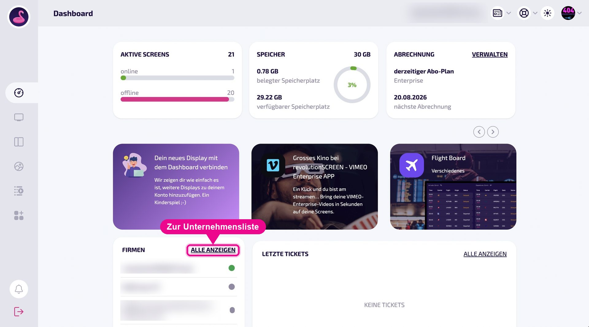 The Firmen tile on the Dashboard – Alle anzeigen takes you to the company list.
