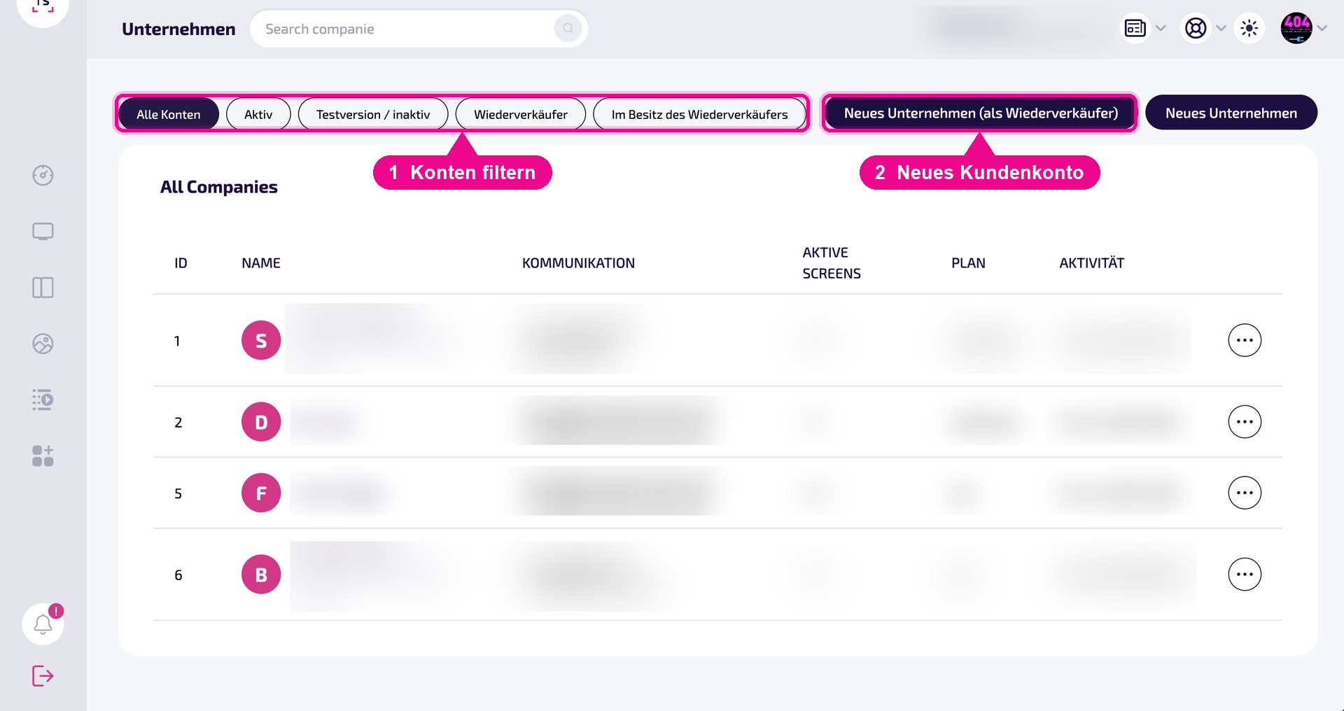 The company list with the filters and the two buttons for creating new accounts.