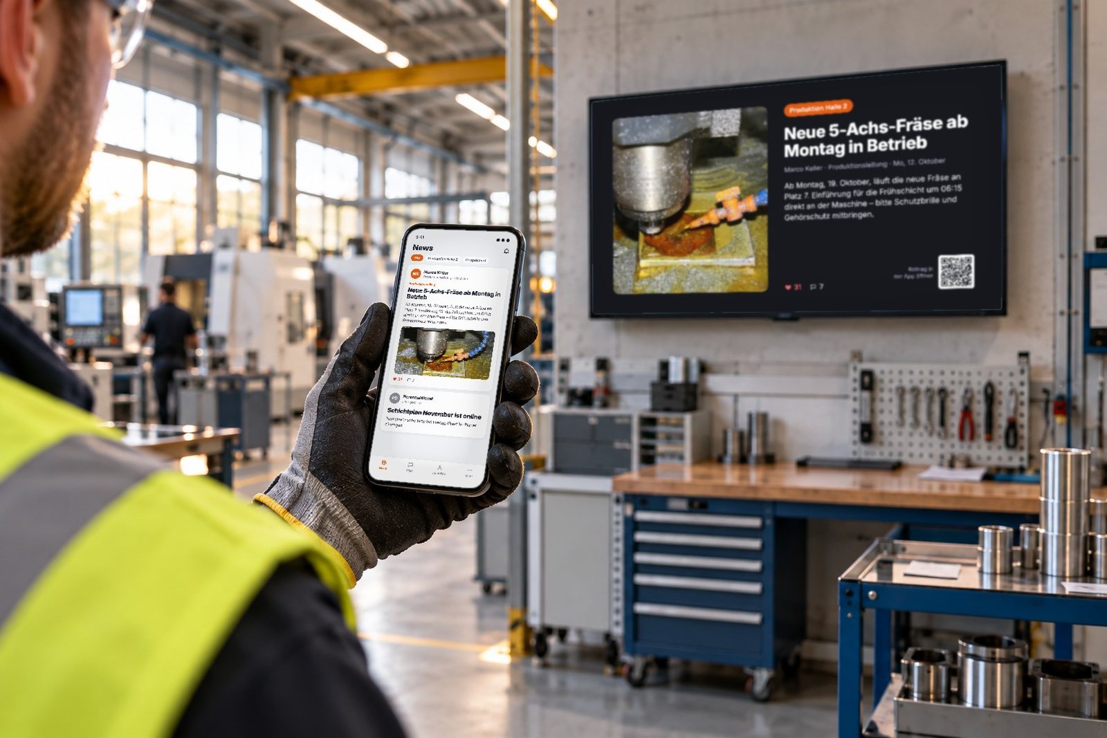 Production: the same post in the Involve app and on the screen in the workshop.