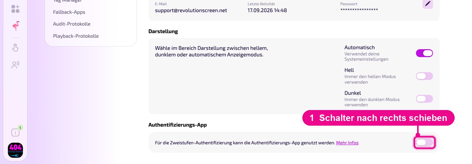 L'interruttore nella sezione «Authentifizierungs-App»