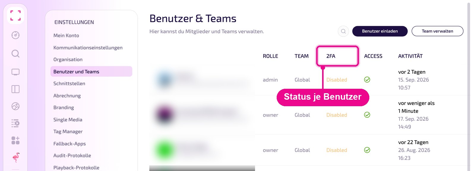Benutzer & Teams: la colonna «2FA» mostra lo stato per ogni utente